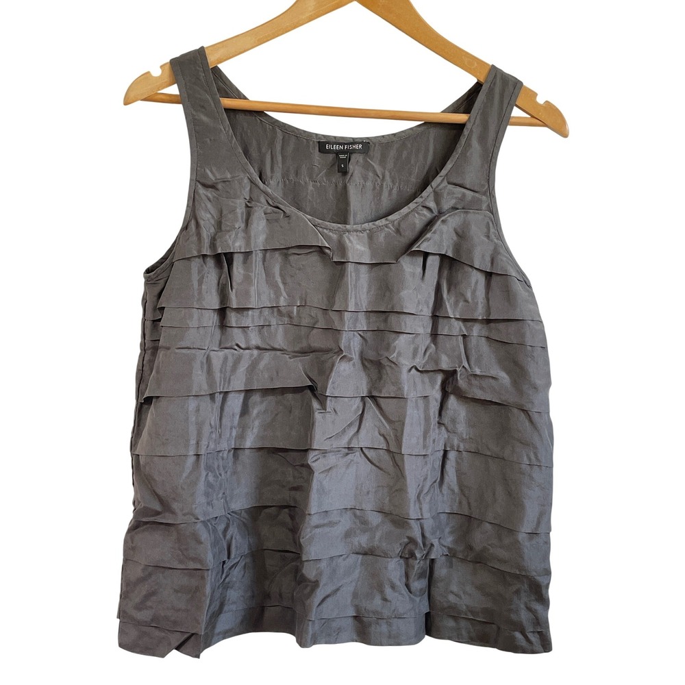 Eileen Fisher Womens 100% Silk Tiered Ruffle Tank Top Gray‎ Sleeveless Small
